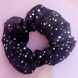 Scrunchie Negra con Confeti de Lentejuelas Plateada